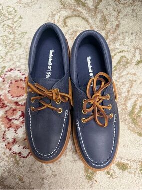 Timberland Navy Blue and Brown Leather Boat Shoes